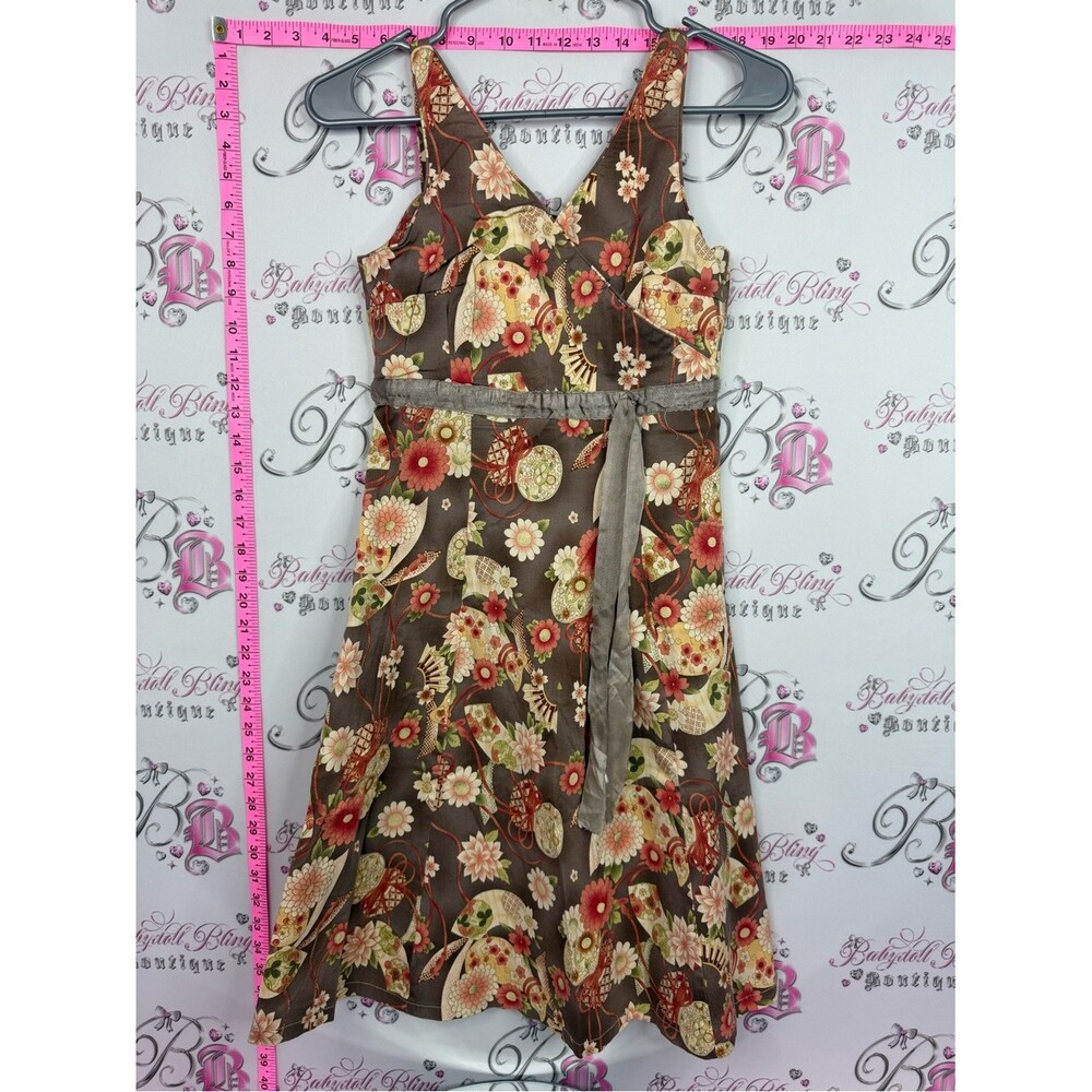 Dress Brown Floral Midi Dress with Cream and Red Accents